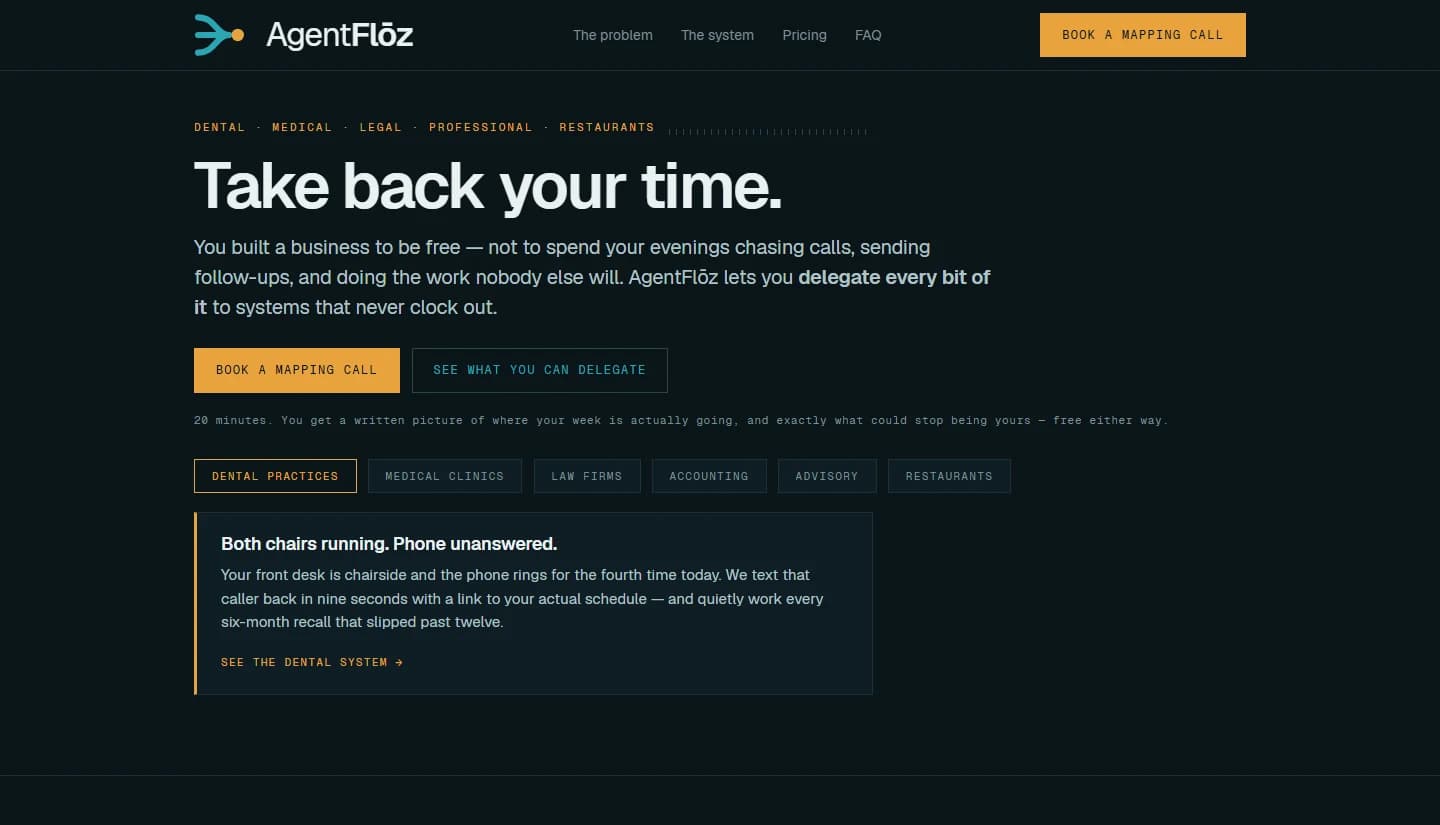 Screenshot of the AgentFloz home page