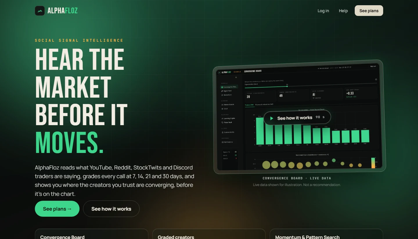 Screenshot of the AlphaFloz home page