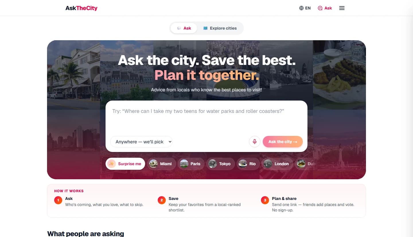 Screenshot of the AskTheCity home page