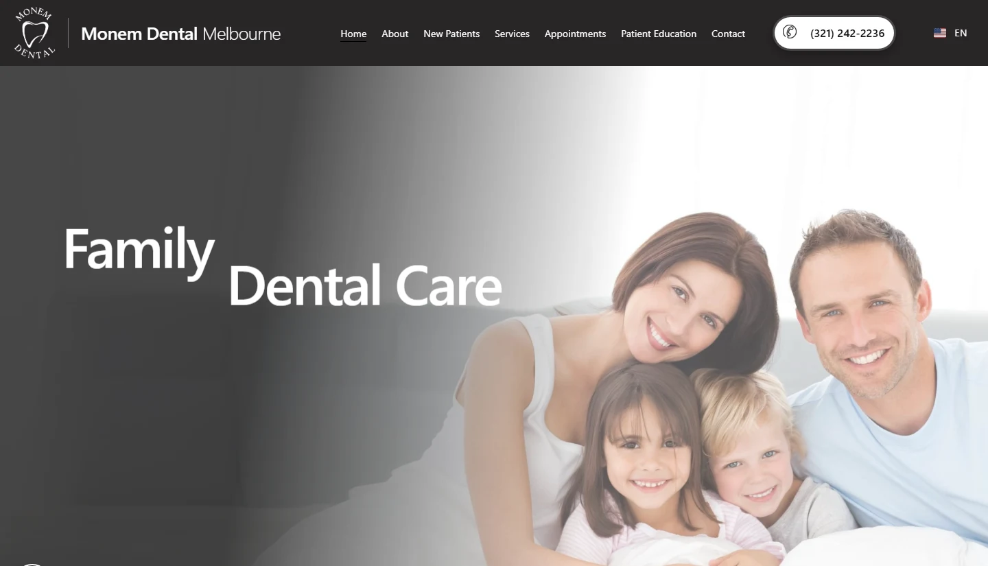 Screenshot of Monem Dental Melbourne: a family dental practice home page with the headline Family Dental Care