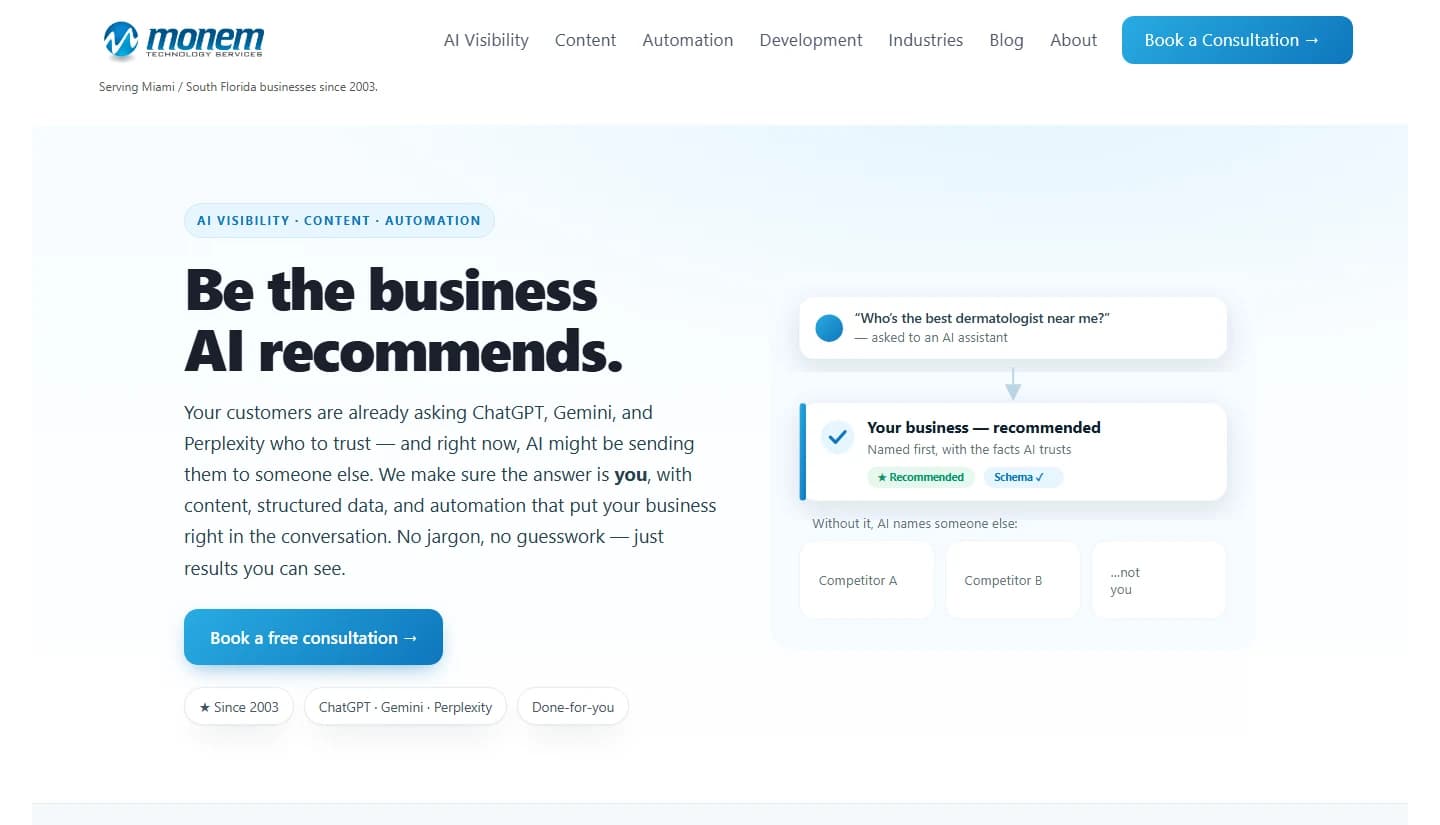 Screenshot of the Monem Technology Services home page