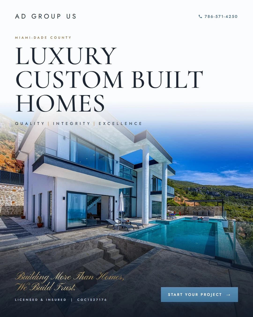 Social post for a luxury custom home builder: a modern home beside a pool with a Start your project button