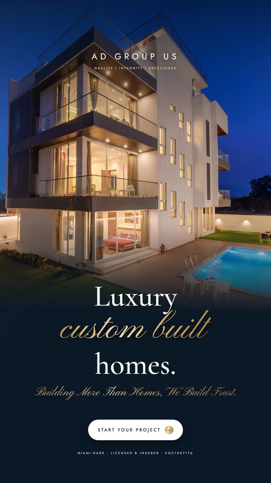 Vertical story for a luxury home builder: a modern home at dusk with a Start your project button