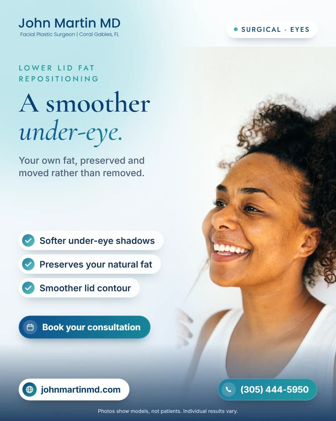 Social post for a facial plastic surgeon: A smoother under-eye, with three benefits and a Book your consultation button