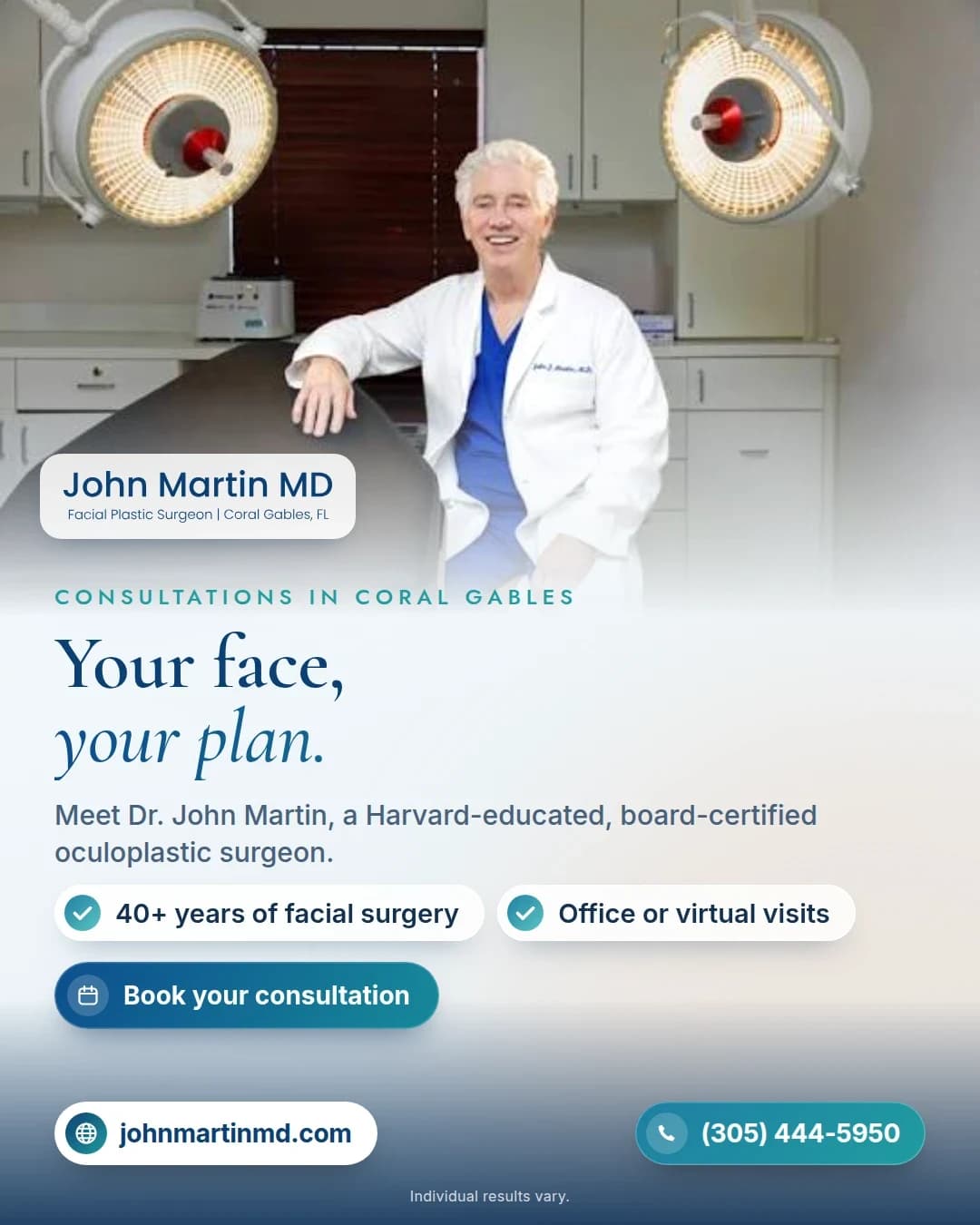 Social post introducing a board-certified facial plastic surgeon with a photo and a Book your consultation button
