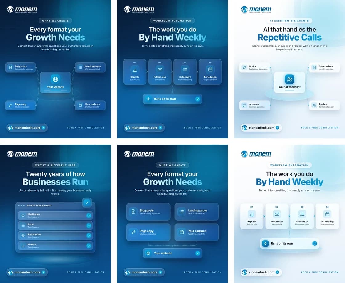 Six branded social posts for a technology services company about content, workflow automation and AI assistants